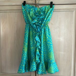 Lilly Pulitzer Strapless Blue Green Silk Ruffle Dress Sz 0